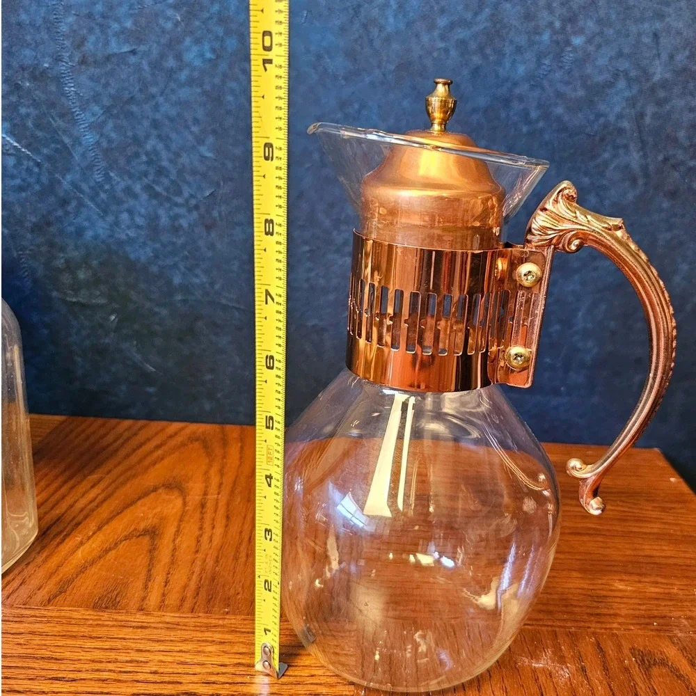 Vintage Glass Carafe with Copper Metal Collar and Ornate Scroll Handle 9.5in